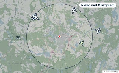 Mapa okolic miasta z sylwetkami samolotów — Niebo nad Olsztynem na żywo