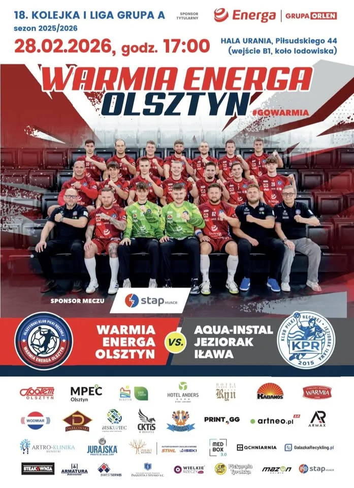 Grafika promocyjna wydarzenia Warmia Energa Olsztyn – Jeziorak Iława: 18. kolejka I ligi mężczyzn