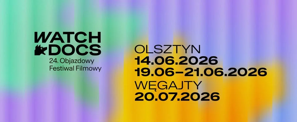Grafika promocyjna wydarzenia WATCH DOCS Olsztyn 2026. Bezpłatne filmy o prawach człowieka w mieście i w Węgajtach