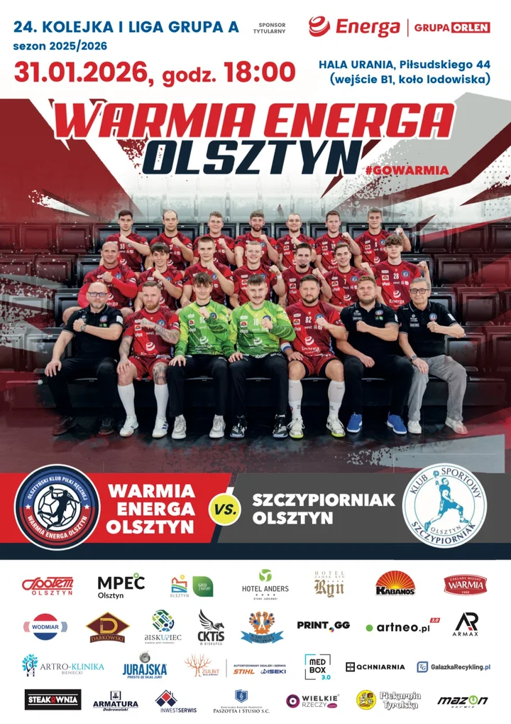 Grafika promocyjna wydarzenia Warmia Energa Olsztyn — Szczypiorniak Olsztyn (24. kolejka I ligi)