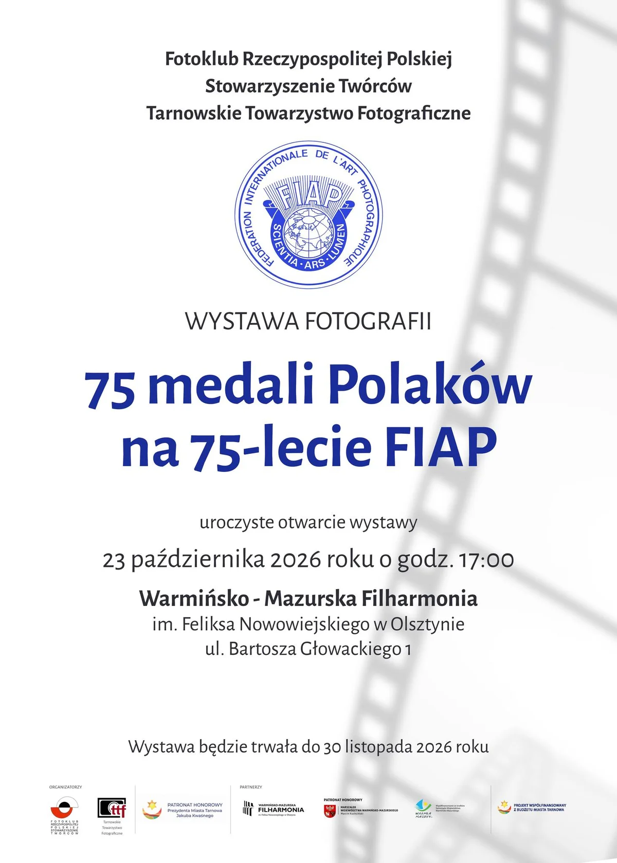 Grafika promocyjna wydarzenia 75 medali Polaków na 75-lecie FIAP w Olsztynie