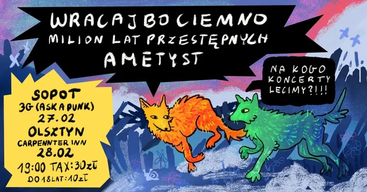 Grafika promocyjna wydarzenia ametyst + wracaj bo ciemno + milion lat przestępnych — Carpenter, Olsztyn (28 lutego 2026)