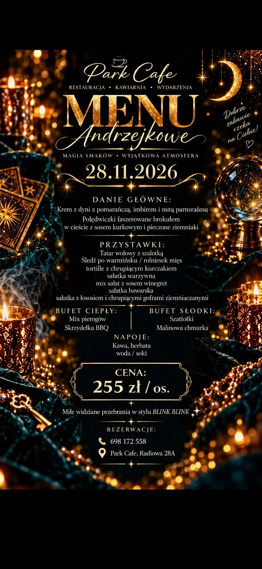 Grafika promocyjna wydarzenia Andrzejki w Park Cafe – magiczny wieczór