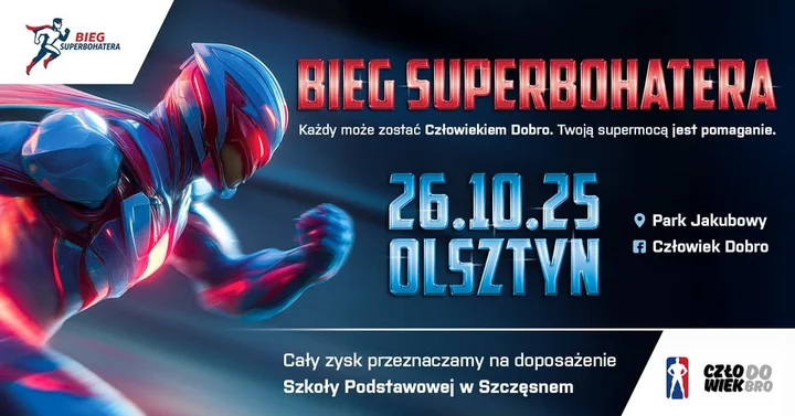Obrazek przedstawia grafikę promocyjną wydarzenia Bieg charytatywny w przebraniach superbohaterów — Olsztyn, Park Jakubowy