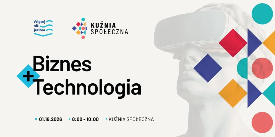 Grafika promocyjna wydarzenia Biznes + Technologia Olsztyn #4 w Kuźni Społecznej – poranne spotkanie o technologii w firmie