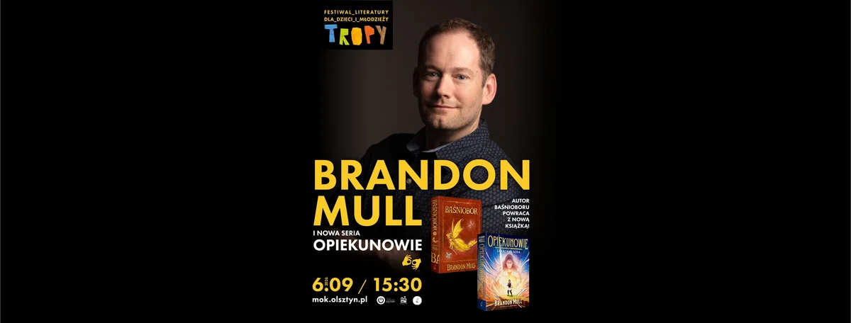 Grafika promocyjna wydarzenia Brandon Mull i nowa seria Opiekunowie – spotkanie