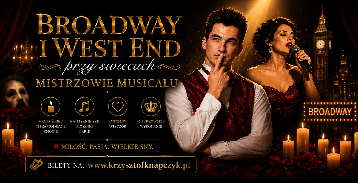 Grafika promocyjna wydarzenia Broadway i West End przy świecach – koncert w Olsztynie