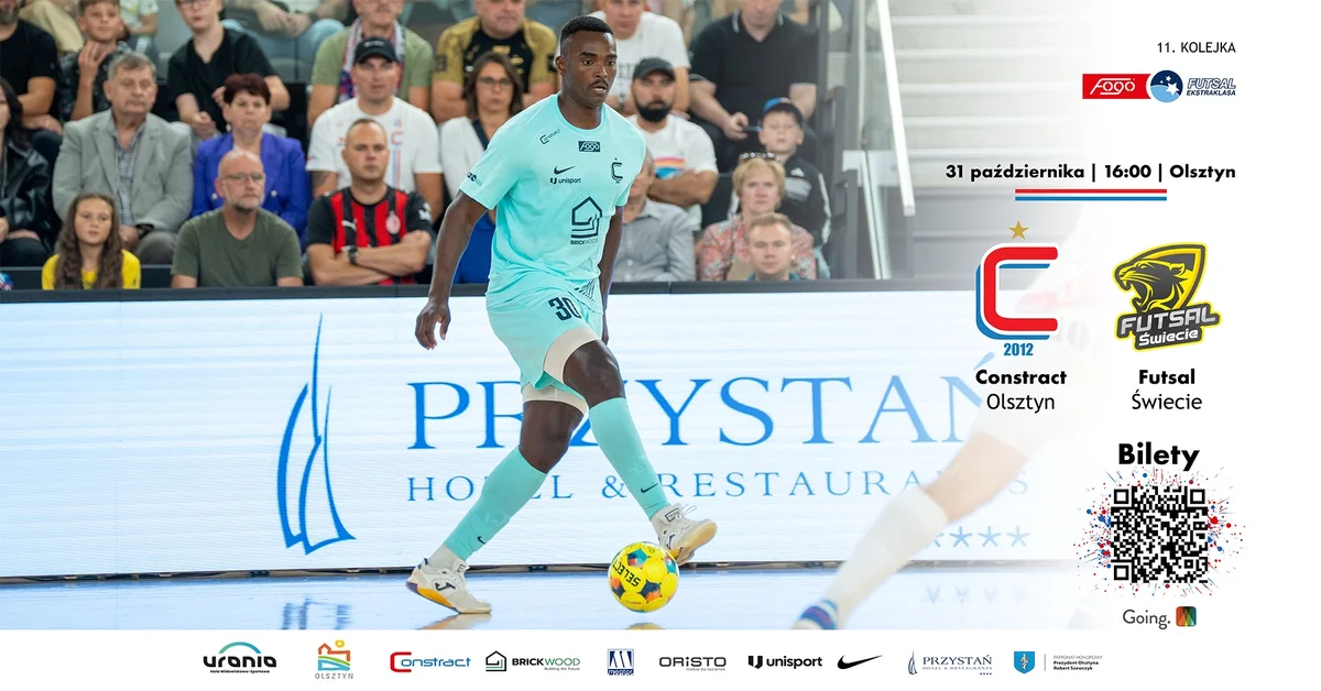 Grafika promocyjna wydarzenia Constract Olsztyn – futsalowe emocje w Hali Urania