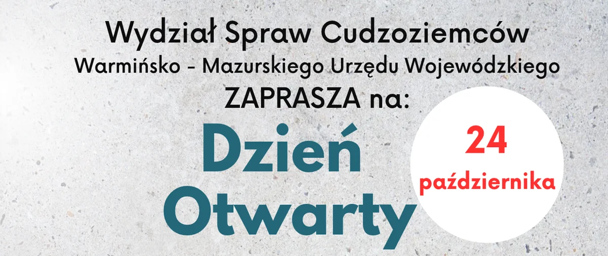 Grafika promocyjna wydarzenia Dzień Otwarty dla klientów Wydziału Spraw Cudzoziemców