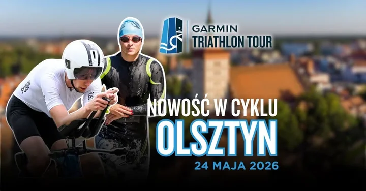 Grafika promocyjna wydarzenia Garmin Triathlon Tour Olsztyn 2026 — triathlon nad Jeziorem Ukiel, 24 maja