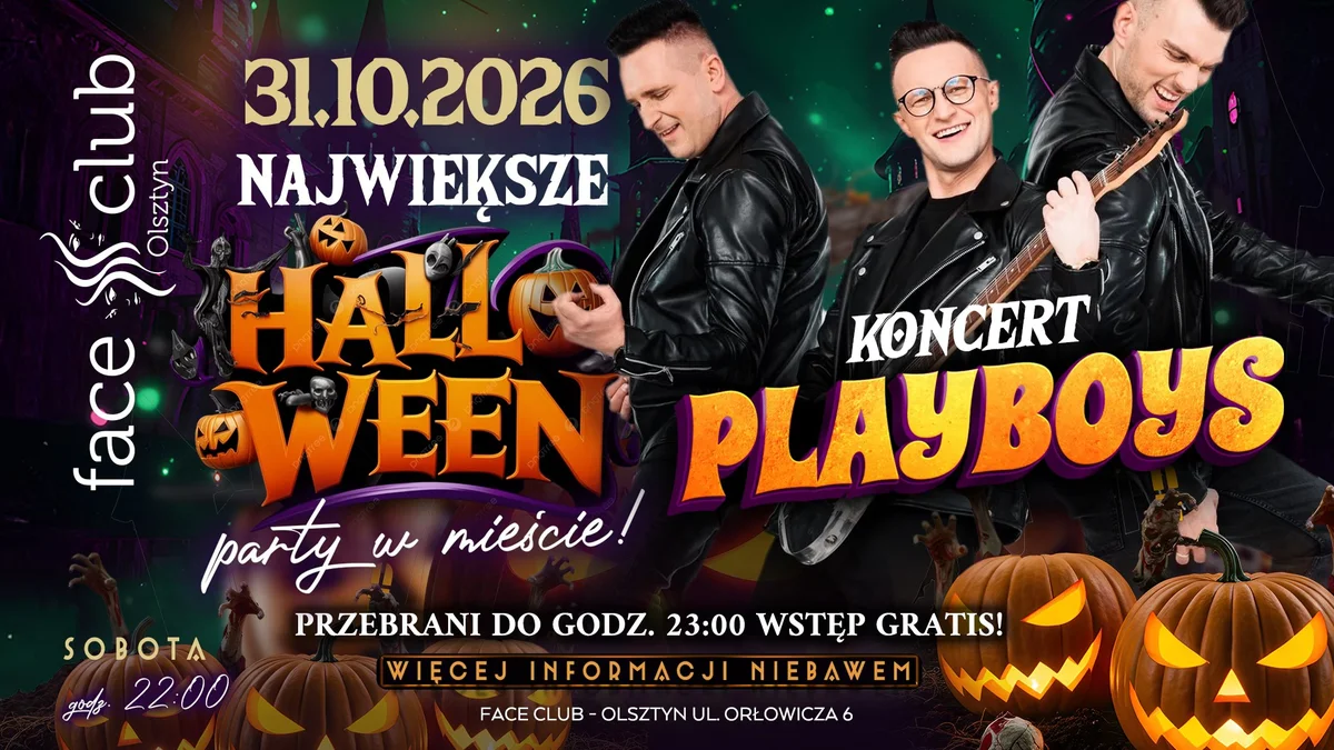Grafika promocyjna wydarzenia Halloween z zespołem Playboys w Olsztynie
