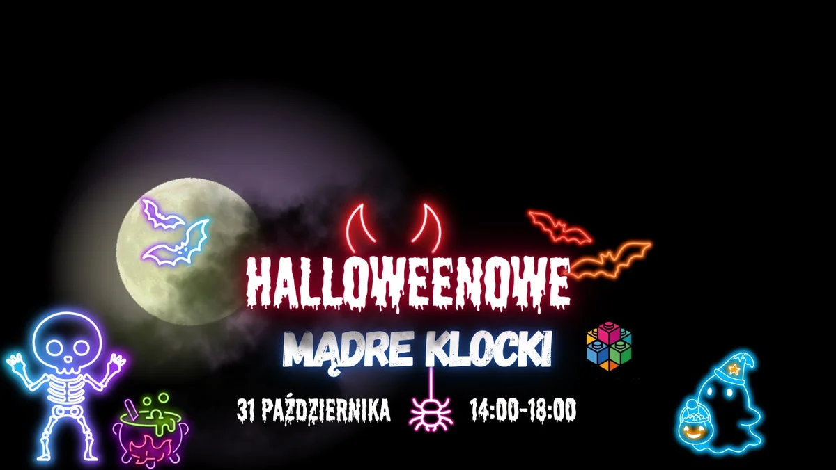 Grafika promocyjna wydarzenia Halloweenowe Mądre Klocki: zabawa w Olsztynie