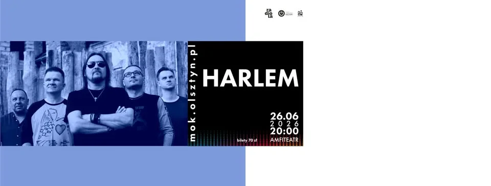 Grafika promocyjna wydarzenia Harlem w MOK Olsztyn: koncert w Amfiteatrze im. Czesława Niemena