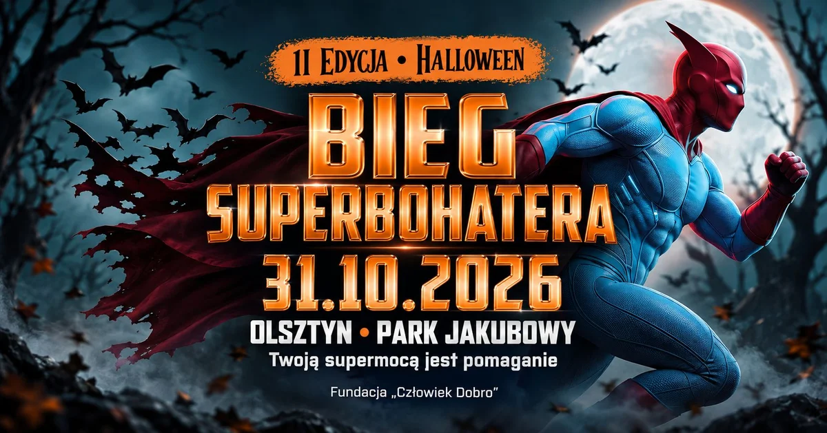 Grafika promocyjna wydarzenia II Bieg Superbohatera w Olsztynie
