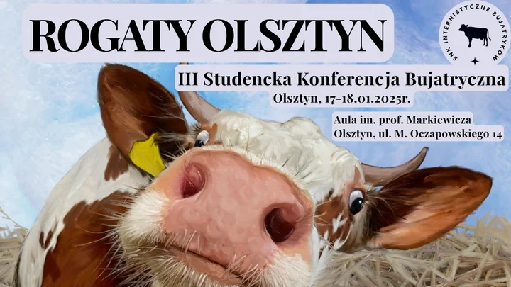 Grafika promocyjna wydarzenia III Studencka Konferencja Bujatryczna Rogaty Olsztyn — wykłady i warsztaty 17–18 stycznia