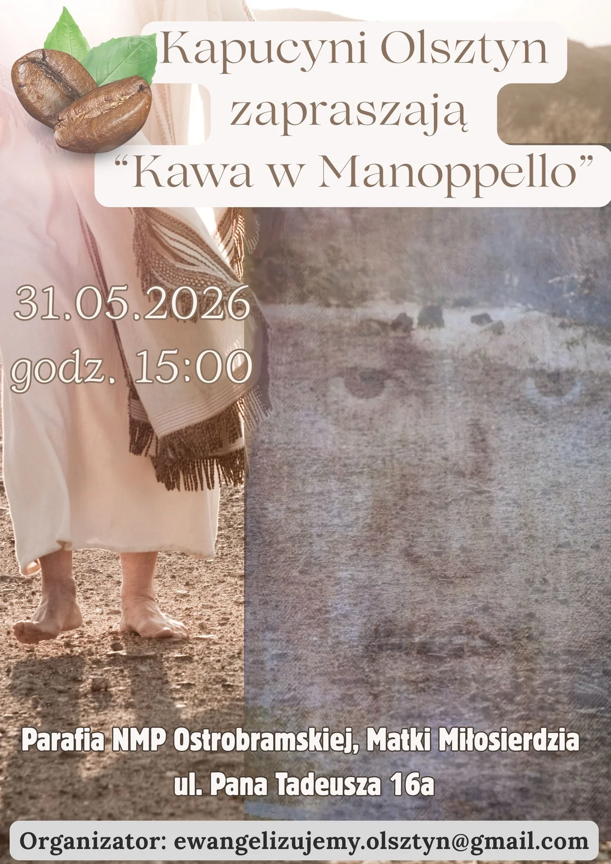 Grafika promocyjna wydarzenia Kawa w Manopello w Olsztynie z Kapucynami Olsztyn