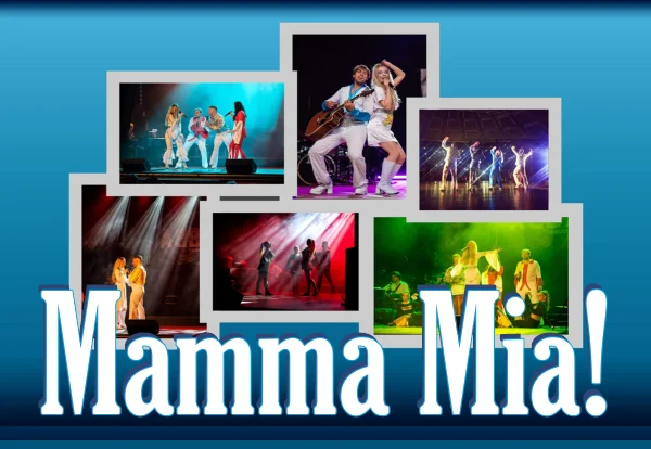 Grafika promocyjna wydarzenia „Mamma Mia!” w Olsztynie – legendarny koncert na żywo z hitami ABBA