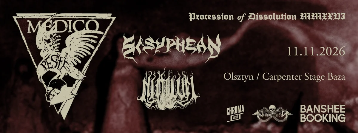 Grafika promocyjna wydarzenia MEDICO PESTE • SISYPHEAN • NIHILVM – koncert w Olsztynie