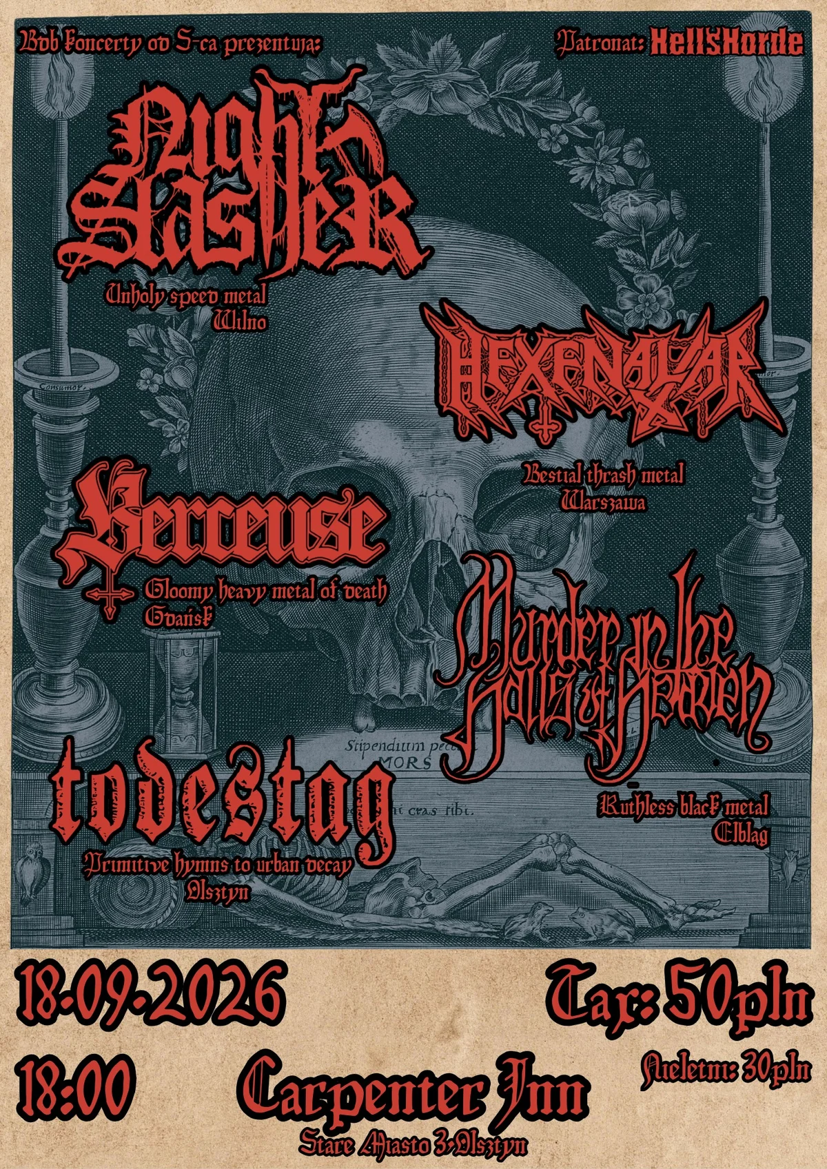 Grafika promocyjna wydarzenia Night Slasher (LT), Hexenaltar, Berceuse, MitHoH, Todestag – koncert metalowy