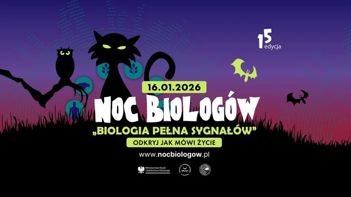 Grafika promocyjna wydarzenia Noc Biologów na UWM w Kortosferze — 16 stycznia 2026
