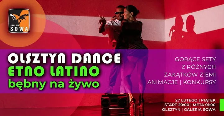Grafika promocyjna wydarzenia OLSZTYN DANCE ETNO LATINO — noc tańca, bębnów i gorących rytmów