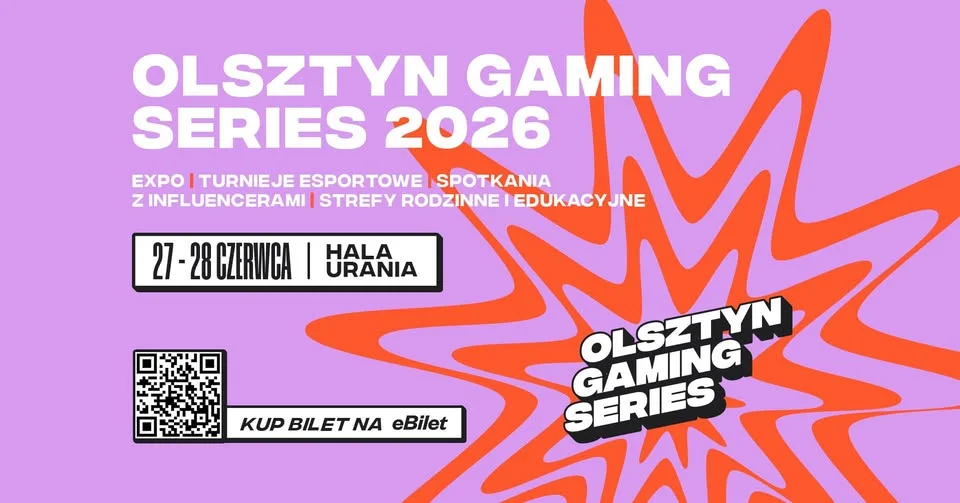 Grafika promocyjna wydarzenia Olsztyn Gaming Series 2026 w Hali Urania – turnieje, twórcy i retro gry