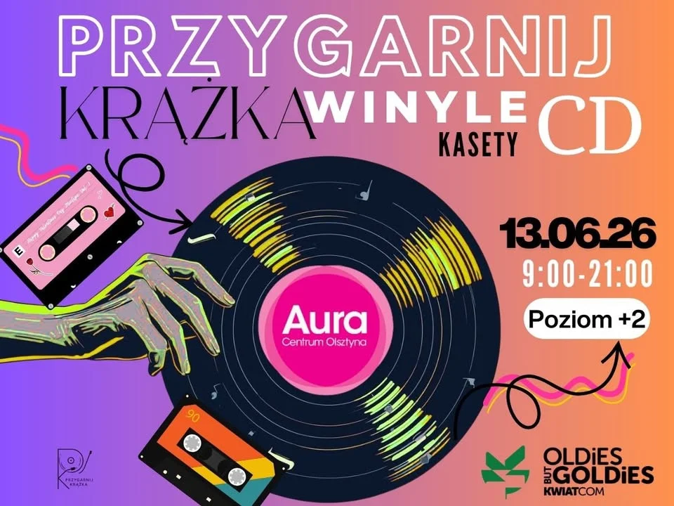 Grafika promocyjna wydarzenia Przygarnij Krążka vol. 3 w Olsztynie – winyle, CD i kasety w Aurze