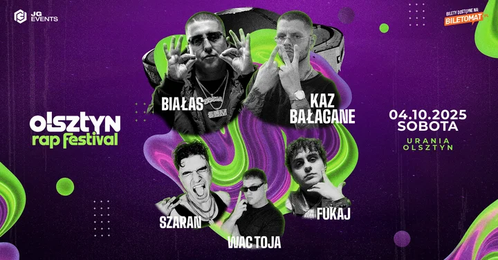 Obrazek przedstawia grafikę promocyjną wydarzenia Festiwal rapu w Olsztynie — koncerty w Hali Urania 4 października 2025