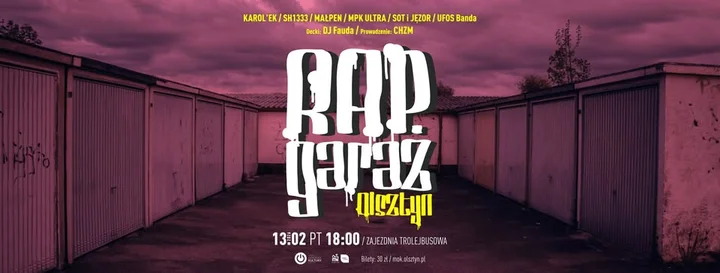 Grafika promocyjna wydarzenia Olsztyn Rap Garaż — wieczór hip-hopu w Zajezdni