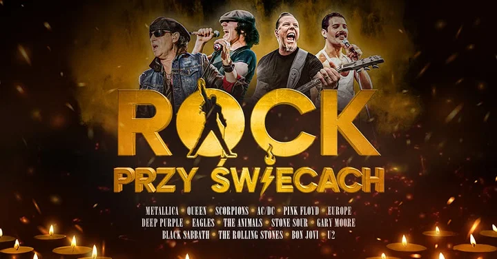 Grafika promocyjna wydarzenia ROCK przy świecach w Olsztynie — rockowe klasyki w intymnym wydaniu