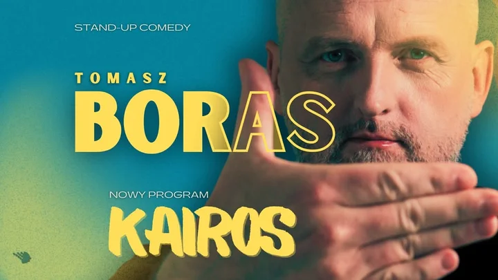 Obrazek przedstawia grafikę promocyjną wydarzenia Tomasz Boras z programem Kairos — stand-up w Olsztynie