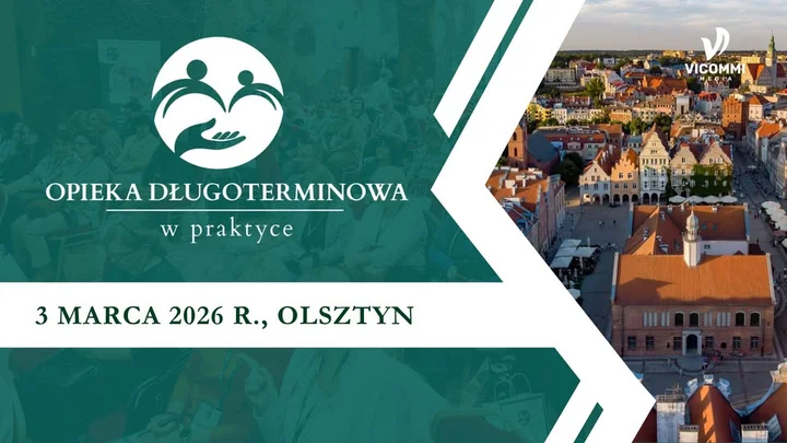 Grafika promocyjna wydarzenia Opieka Długoterminowa w Praktyce — konferencja w Olsztynie