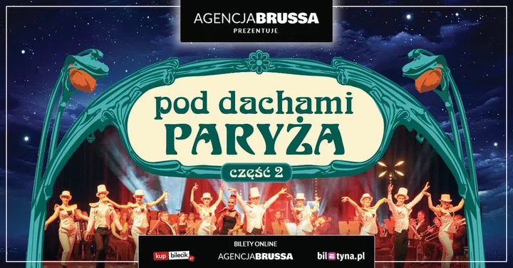 Grafika promocyjna wydarzenia Pod Dachami Paryża 2 w Olsztynie — koncert paryskich przebojów