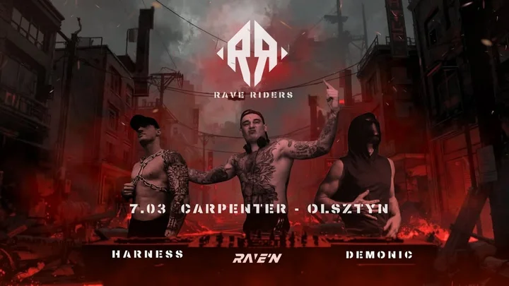 Grafika promocyjna wydarzenia RAVE RIDERS Olsztyn – 7 marca 2026 (Carpenter Inn)