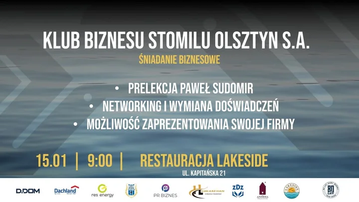 Grafika promocyjna wydarzenia Śniadanie Biznesowe Klubu Biznesu Stomilu Olsztyn — poranna dawka strategii dla lokalnych firm