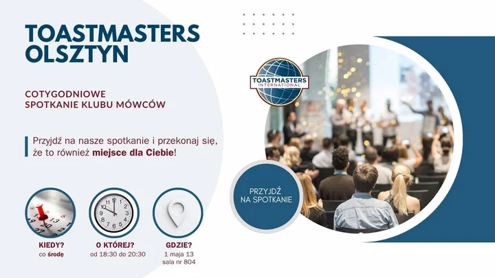 Grafika promocyjna wydarzenia Spotkanie Klubu Toastmasters Olsztyn — trening przemówień i improwizacji