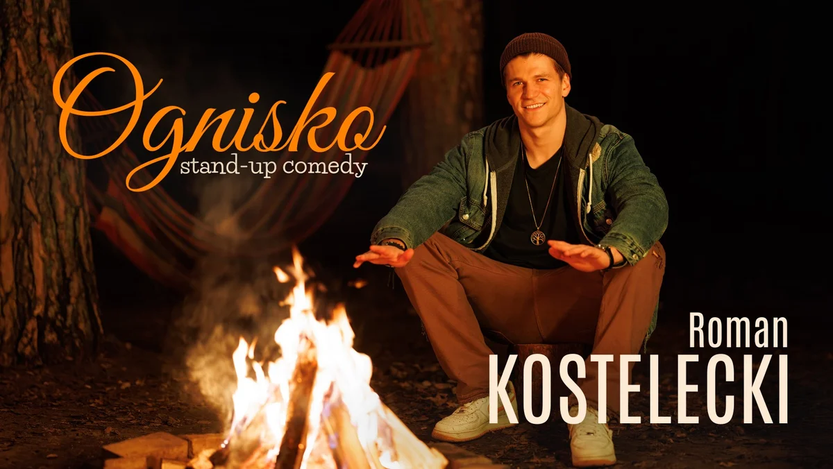 Grafika promocyjna wydarzenia Stand-up Roman Kostelecki „Ognisko” w Olsztynie