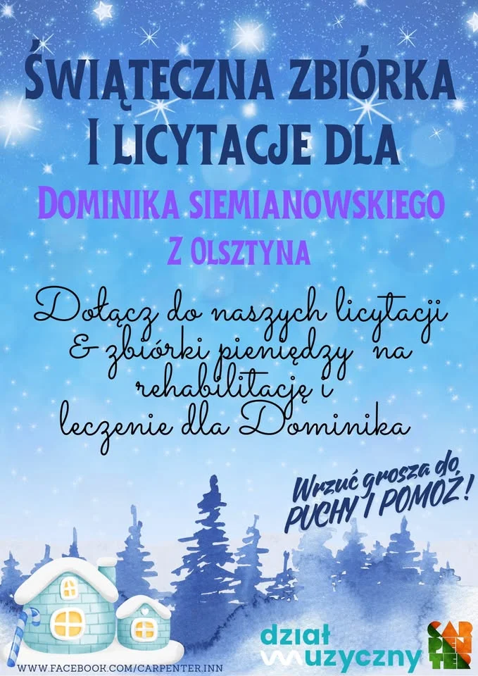 Grafika promocyjna wydarzenia Świąteczna Zbiórka i Licytacje dla Dominika Siemianowskiego — Olsztyn