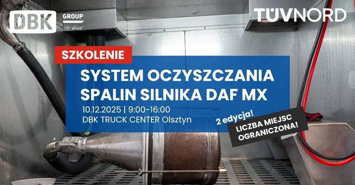 Grafika promocyjna wydarzenia SZKOLENIE: System oczyszczania spalin DAF MX — Olsztyn