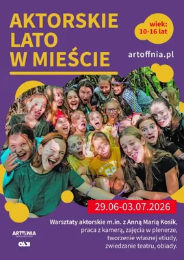 Grafika promocyjna wydarzenia Aktorskie LATO w MIEŚCIE 2026 w Olsztynie – zajęcia aktorskie dla dzieci i młodzieży 10–16 lat