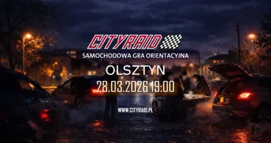 Grafika promocyjna wydarzenia CITYRAID Olsztyn: samochodowa gra orientacyjna z nagrodami