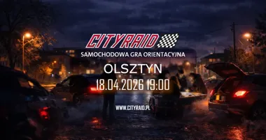 Grafika promocyjna wydarzenia CITYRAID Olsztyn: samochodowa gra orientacyjna z zadaniami i nagrodami