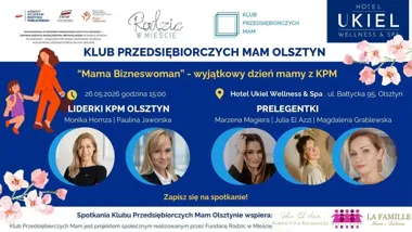 Grafika promocyjna wydarzenia Klub Przedsiębiorczych Mam Olsztyn: spotkanie „Mama Bizneswoman” nad jeziorem