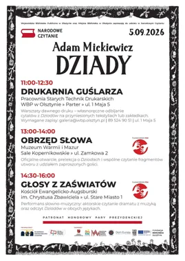 Grafika promocyjna wydarzenia Narodowe Czytanie „Dziadów” Adama Mickiewicza w Olsztynie