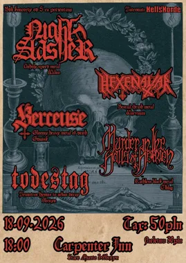 Grafika promocyjna wydarzenia Night Slasher (LT), Hexenaltar, Berceuse, MitHoH, Todestag – koncert metalowy