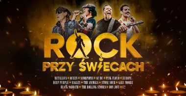 Grafika promocyjna wydarzenia ROCK przy świecach w Olsztynie — rockowe klasyki w intymnym wydaniu