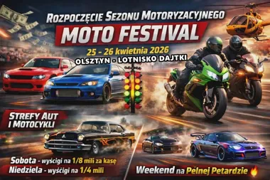 Grafika promocyjna wydarzenia Moto Festival Olsztyn 2026: rozpoczęcie sezonu motoryzacyjnego na lotnisku Dajtki