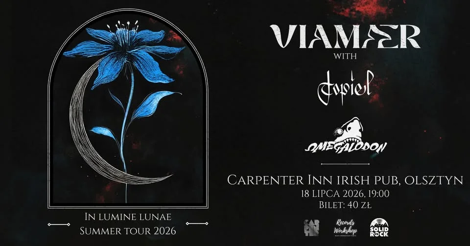 Grafika promocyjna wydarzenia Viamaer / Topiel / Omegalodon w Olsztynie. Trzy mroczne projekty w Carpenter Inn Irish Pub
