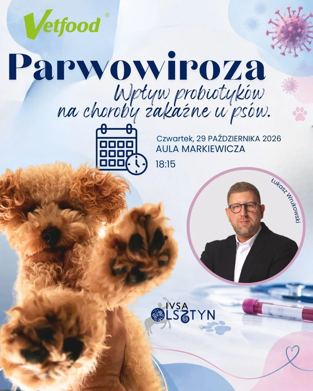 Grafika promocyjna wydarzenia Probiotyki a parwowiroza u psów – wykład w Olsztynie