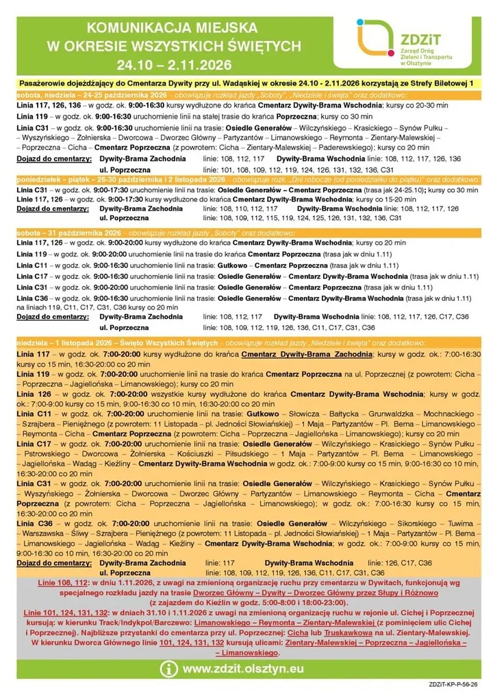 Olsztyn wzmacnia autobusy na cmentarze. Specjalne linie pojadą częściej